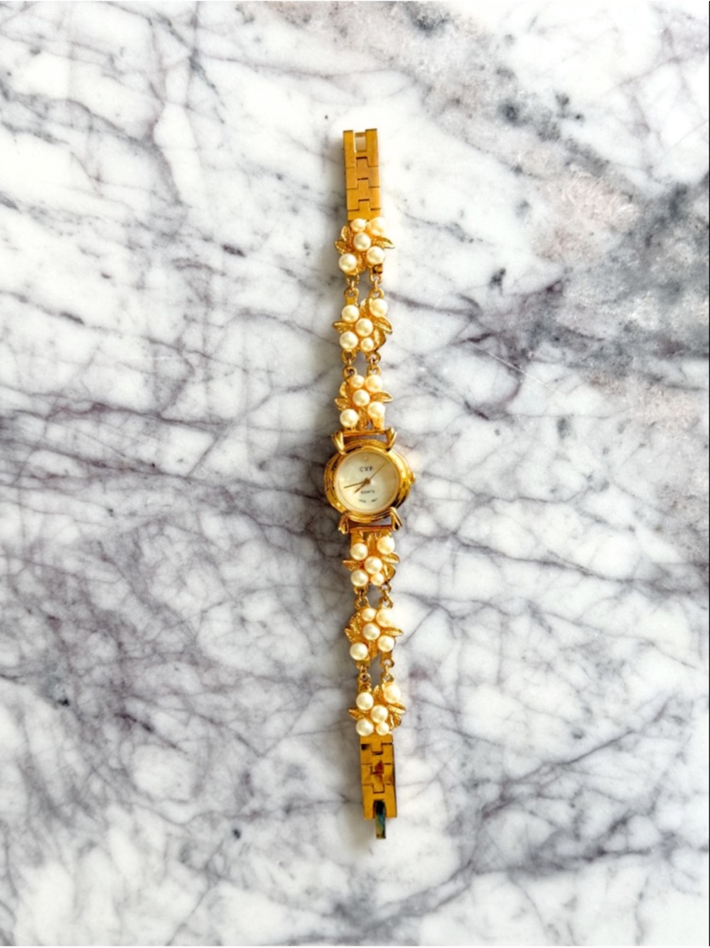 Vintage Gold and Pearl Floral Bracelet Watch